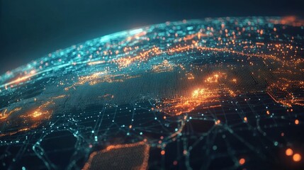 Fototapete - Futuristic digital planet earth rotating, showing connections and big data visualization with light lines and orange and teal dots, for global business and technology concepts