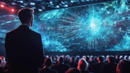 Poster - Businessman presenting futuristic digital data visualization on a large screen at a business conference, highlighting innovation and technological advancement