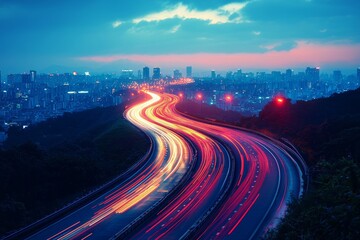 Poster - Capture of racing cars on a city road at night using long exposure reveals dynamic flash effects and light motion trails with a blurred fast-moving light in red and white on a black backdrop