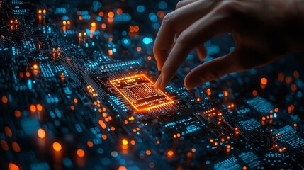 Poster - A businessman's hand, grazing a stock AI circuit board in the form of an electronic PCB circuit icon symbol, is illuminated by cyberpunk neon lighting, embodying innovative technology and machine