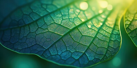 Poster - Close-up View of Intricate Leaf Texture with Sunlight Creating Lush Green and Blue Highlights in a Nature-Inspired Photographic Composition