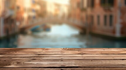 Fototapete - A rustic wooden tabletop sets the scene, with a hazy view of a canal, perfect for showcasing your products.