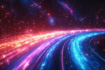 Poster - In a dark and surreal atmosphere, dark magenta and blue light waves create a psychedelic and otherworldly background by Stock