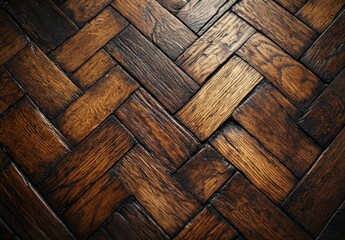 Poster - Detailed close-up of a woven wooden floor showcasing intricate patterns and rich textures in natural warm tones ideal for interior design and architecture.