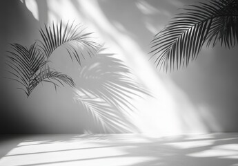 Poster - Elegant monochrome scene with palm leaf shadows creating artistic patterns on a minimalist gray wall and floor, ideal for modern interior design inspiration.