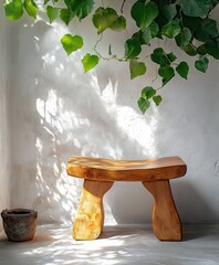 Poster - Elegant Wooden Bench in Sunlit Room Surrounded by Lush Green Foliage Creating a Tranquil and Inviting Atmosphere for Relaxation and Reflection