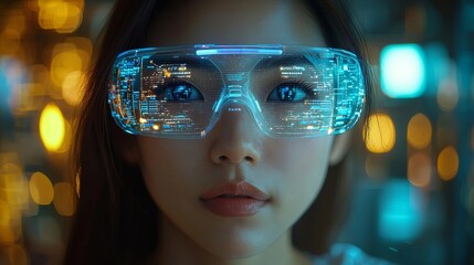 Poster - In augmented reality, a young woman interacts with her virtual screen by typing