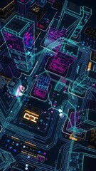 Poster - Futuristic neon cityscape with circuit board design and dynamic drone movement in cyberpunk style