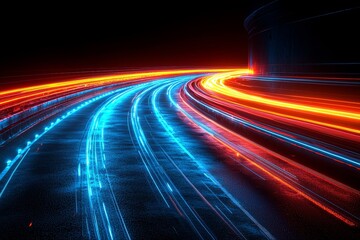 Poster - Futuristic night backdrop features blurred neon lights and race track lights in motion blur