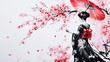 © SepazWorks - Sumi-e Painting of a Geisha Standing Beneath Cherry
