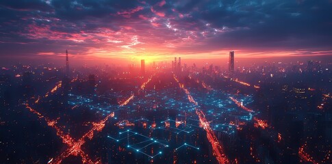 Poster - A visual representation of a contemporary city featuring dots and lines that denote high-speed internet, cloud storage, computing capabilities, global market presence, and a global network - AI