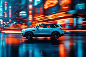 Poster - An abstract photograph of a car on the road at night, with motion blur adding to the backdrop