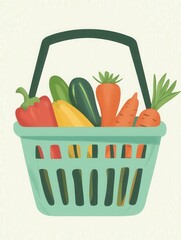 Poster - Fresh fruits and vegetables in a green shopping basket on a soft pastel background capturing a healthy lifestyle and minimalistic design