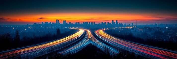 Poster - Nighttime city bustles with speeding vehicles creating motion blur, as bright streets highlight the quick pace of life