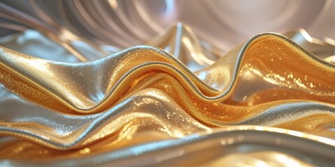 Poster - Flowing fabric in shades of gold and silver creates a luxurious texture and visual appeal in soft light