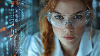 Poster - A female developer focusing on data processing in the future. Stock