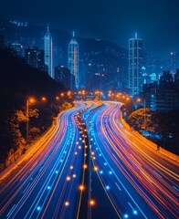 Poster - megacity traffic with highway road motion lights, long exposure photography