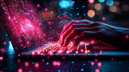 Poster - On a laptop with a blue screen, a person is engaged in a task, symbolizing productivity and concentration. The blue screen provides a tranquil backdrop