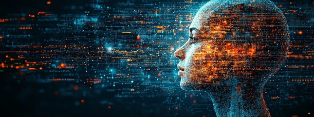 Poster - The stock image presents an abstract digital human head, symbolizing a futuristic stock theme, with neural network connections depicted as glowing blue