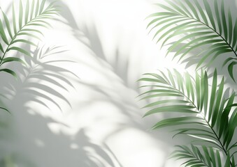 Poster - Lush Green Palm Leaves Casting Shadows on a Bright White Background for Nature and Relaxation Themes