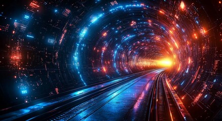 Poster - a futuristic, neon-lit tunnel depicted in an abstract background