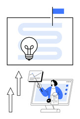 Poster - lightbulb on a winding path leading to a flag, person on screen analyzing charts. ideal for innovati