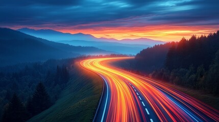 Poster - The night road stretches ahead under a dark, hazy sky, framing a dramatic landscape where motion lights blur into the distance