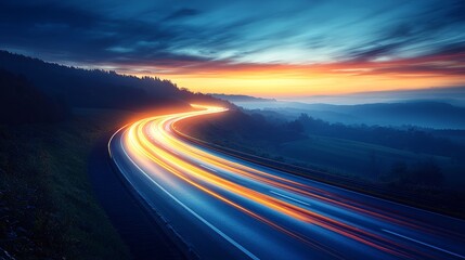 Poster - Under a dark and hazy sky at night, the road appears as part of a dramatic landscape with motion lights that are blurred and indistinct
