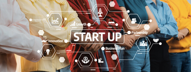 Poster - Group of Diverse People Collaborating on a Startup Idea with Growth, Innovation, and Business Planning Themes. Amity