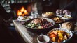 © Katarina - A cozy setting with a hearty family meal, featuring various dishes, surrounded by a warm fireplace atmosphere, emphasizing comfort and togetherness in dining.