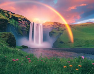 Poster - Majestic Waterfall with Rainbow in Lush Green Landscape at Sunset, Captured in Iceland's Serene Nature, Perfect for Travel and Adventure Themes