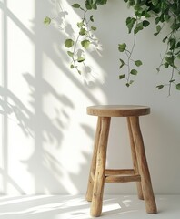 Poster - Minimalist Wooden Stool with Green Leaves and Soft Shadows on White Wall Creating a Calm and Serene Atmosphere for Interior Decoration