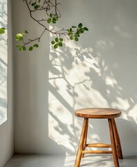 Poster - Minimalist Interior Scene Featuring a Wooden Stool and Natural Green Foliage Casting Beautiful Shadows on a Light Wall in Soft Morning Light