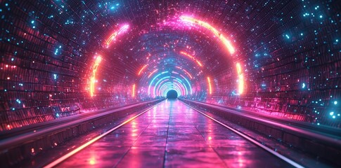 Poster - Streaks of blue, purple, and turquoise form an abstract neon light tunnel