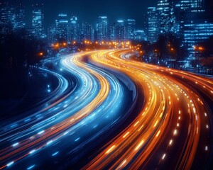 Poster - Night's city highway buzzes with blurred lights of high-speed traffic
