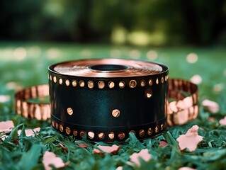 Poster - A dark metallic cylinder with copper accents in natural grass