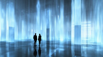 Poster - Futuristic Digital Space with Two Silhouetted Figures in Contemporary Urban Environment Bathed in Blue Light