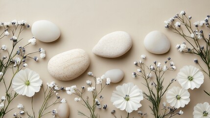 Aufkleber - Decorative arrangement of smooth stones and delicate white flowers creating a serene and calming aesthetic for interior design or nature-inspired decor