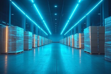 Poster - A visualization of a bright warehouse aisle featuring motion-activated lights