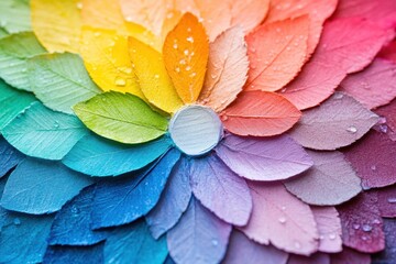 Leinwandbilder - Colorful paint cans arranged in a line on a vibrant paint-stained surface showcasing a gradient of hues from pink to blue