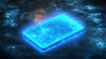 Poster - Futuristic glowing smartphone device with cosmic patterns and blue neon light on a dark textured surface