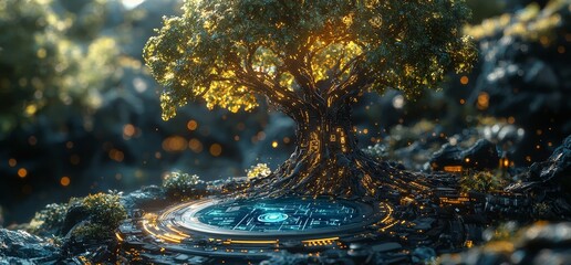 Poster - A futuristic digital space displaying a tree merged with a tech interface