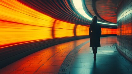 Poster - Within a vibrant, hectic subway station, a person's static silhouette is accentuated by a motion blur effect, illustrating the bustling energy and speed of the scene