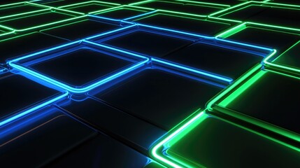 Poster - A conceptual D-rendered technology emblem with glowing blue and green neon lines, representing modern advancements.