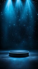 Aufkleber - This image features an empty circular stage illuminated by blue rays of light against a starry background