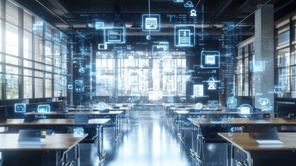 Poster - A conceptual e-learning background with D holographic floating academic icons in a sci-fi classroom setting.