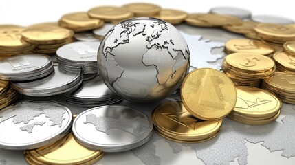 Poster - A conceptual financial image with a world globe on a foreign exchange map, gold and silver coins surrounding it.
