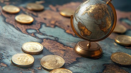 Poster - A conceptual financial image with a world globe on a foreign exchange map, gold and silver coins surrounding it.