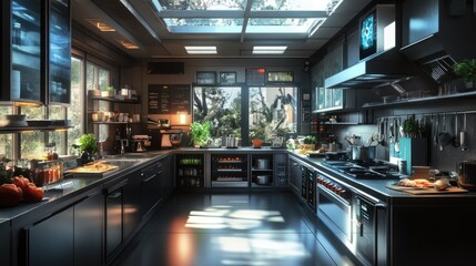 Poster - A conceptual futuristic kitchen with voice-activated AI controlling cooking processes and ingredient management.