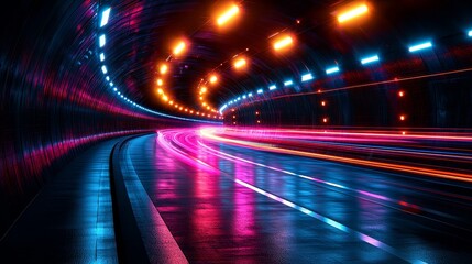 Poster - Inside a tunnel of the future, dazzling neon lights produce an illusion of speed and motion